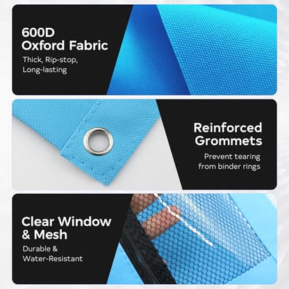 3 Ring Pencil Pouch for Binder, 2-Pocket Zipper Pencil Case with Clear Window & Mesh Pocket, 600D Oxford Fabric Binder Pouch for School Office Supplies, Fits Standard 3-Ring Binders, Sky Blue - color: Sky Blue