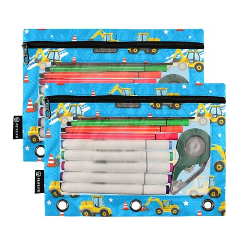 Binder Pouches 3 Ring for Boys Girls Cute Car Excavator Blue Zipper Pencil Pouches Case Bag with Clear Window School College Office Supplies 2 Pack - color: Car