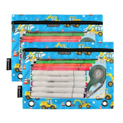 Binder Pouches 3 Ring for Boys Girls Cute Car Excavator Blue Zipper Pencil Pouches Case Bag with Clear Window School College Office Supplies 2 Pack - color: Car