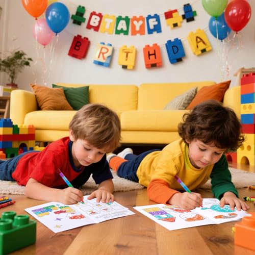 BenLouis 24 Building Block Mini Coloring Books Kids with 24 Stacking Crayons Geometric Shapes Party Favors Activity Books Bulk for Kids Building Goodie Bag Gift Stuffer Classroom Reward - style: Building Block