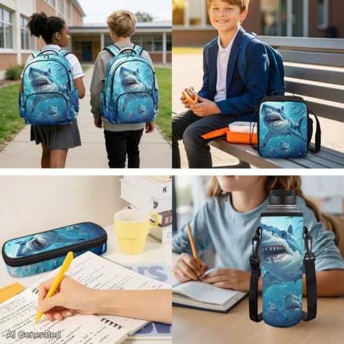 Blue Shark Backpack for Boys Kids Backpack with Lunch Box for Boys Set of 4 School Backpacks Matching Combo Back to School Gifts and Pencil Case Pouch for Teens Children Ages 6-17 17 inch - color: Blue Shark