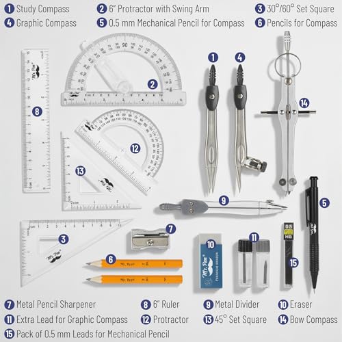 Mr. Pen- Geometry Set, 15 Piece Set with 6 Inch Swing Arm Protractor | IncludesMetal Divider, Set Squares, Ruler, Compasses for Math for Drafting & School Supplies - color: Classic Slate