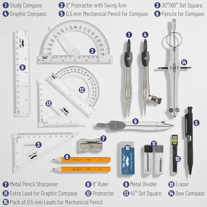 Mr. Pen- Geometry Set, 15 Piece Set with 6 Inch Swing Arm Protractor | IncludesMetal Divider, Set Squares, Ruler, Compasses for Math for Drafting & School Supplies - color: Classic Slate