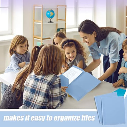 Gueevin 100 Pack Plastic Folder with Pockets, 2 Pocket Folders, Plastic Glossy Folders Fit Letter Size Paper, Heavy Duty Durable File Folder with Business Card for Home Office School (Haze Blue) - color: Haze Blue