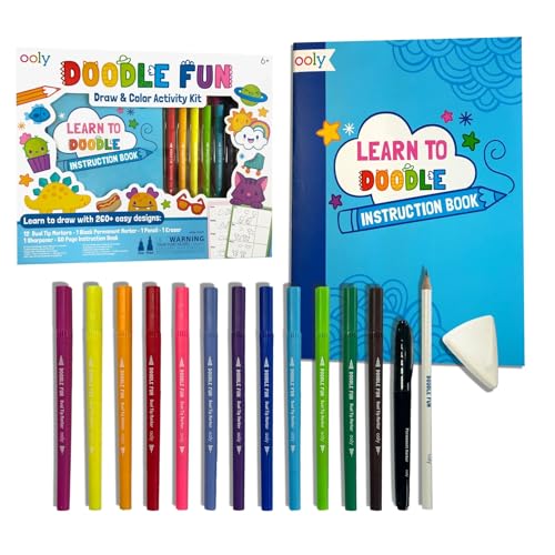 Ooly 17 PC Doodle Fun Draw & Color Activity Kit - Learn to Draw +260 Designs with 60 Page Instruction Book, Markers, Pencil & More- Great Screen-Free Entertainment - color: Doodle Coloring Kit