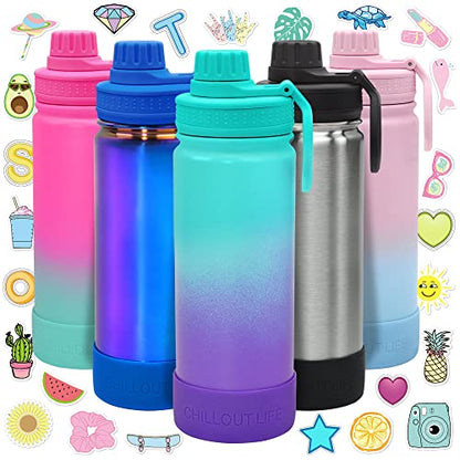CHILLOUT LIFE 17oz Kids Insulated Stainless Steel Water Bottle with Leak Proof Spout Lid & 144 Stickers - color: Caribbean Lily, style: 17 oz