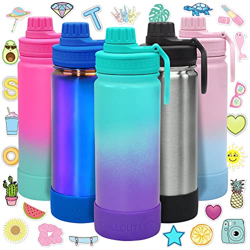 CHILLOUT LIFE 17oz Kids Insulated Stainless Steel Water Bottle with Leak Proof Spout Lid & 144 Stickers - color: Caribbean Lily, style: 17 oz