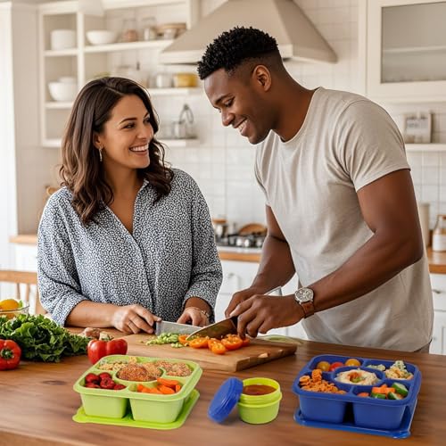 Original Lunchable Snack Containers - 5 Compartments Bento Snack Boxes with 1 Leakproof Small Containers, Wheat Straw, BPA-Free, Set of 2 (Navy+Light Green) - color: Navy+Light Green