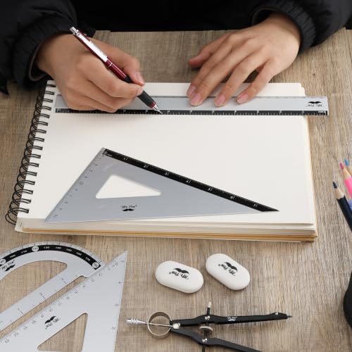 Mr. Pen- Metal Geometry Set, 9 pcs, Compass, 6" Protractor, 12" Ruler | 45° & 30°/60° Set Squares, Lead Refills, Metal Drafting Tools for Technical Drawing, Math, Engineering & Architecture