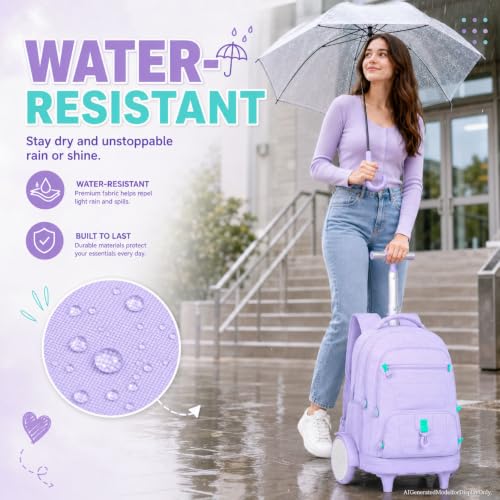 CCJPX 3Pcs Women & Girls Rolling Backpack with Bigger Wheels, Extra-Large Wheeled Bookbag with Lunch Box, Water Resistant Extra-Large Roller Luggage for Travel, Work, College (Purple) - color: Purple(upgrade Large Wheel)
