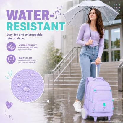 CCJPX 3Pcs Women & Girls Rolling Backpack with Bigger Wheels, Extra-Large Wheeled Bookbag with Lunch Box, Water Resistant Extra-Large Roller Luggage for Travel, Work, College (Purple) - color: Purple(upgrade Large Wheel)