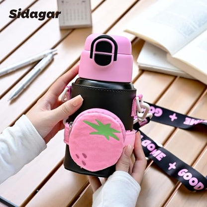 SDGA+ Kids Insulated Water Bottle with Shoulder Strap - 22 oz Kawaii Stainless Steel Tumbler with 3D Fuzzy Charm, Leak-Proof Flip Top & Vacuum Flask for School, Travel, BPA Free, Pink - color: Pink