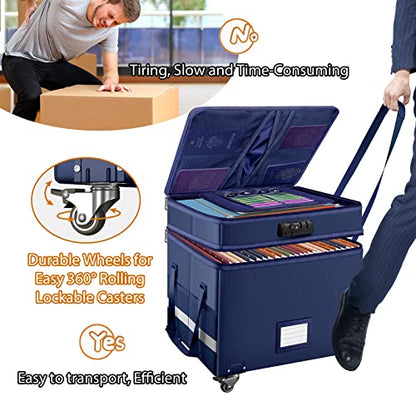DocSafe File Box with Lock, 2-Layer Fireproof Document Box with Wheels,Collapsible File Storage Organizer with Pockets,Large Portable Office Filing Cabinet Hanging Folders,Blue,16''x13.8''x12.2'' - color: Blue