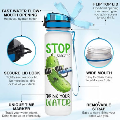 Funny Pickle Motivational Water Bottle 32 oz with Time Marker, Stop Slacking Drink Your Water Daily Hydration Tracker Jug for Women, Men, Adults, Gym, Office - color: Pickle