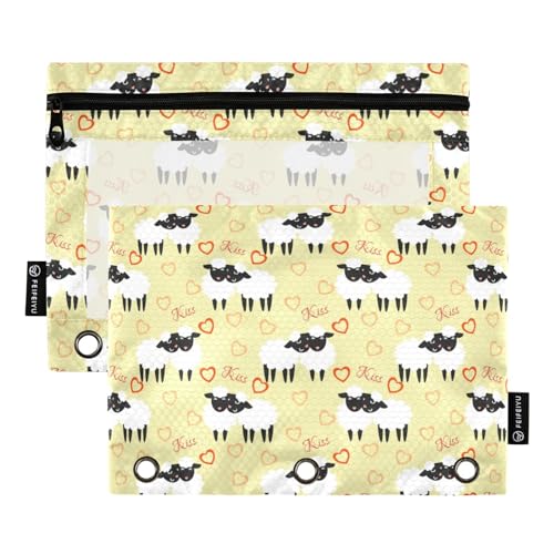 ZAZYXTJ Cute Sheep Binder Pencil Pouchs 3 Ring with Zipper Clear Window Office Organizers bag for School Students Teacher Supplies 2 Pack - color: Sheep