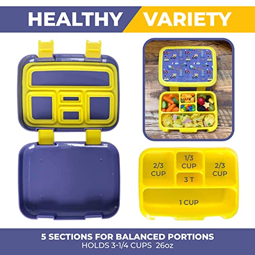 kinsho Bento Lunch Box For Kids Toddlers Boys, 5 Portion Sections Secure Lid, Microwave Safe Bpa Free Removable Tray, Pre-School Daycare Divided Snack Container Ages 3 To 5, Blue Yellow Trucks - color: Blue Yellow Truck Bento
