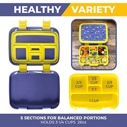 kinsho Bento Lunch Box For Kids Toddlers Boys, 5 Portion Sections Secure Lid, Microwave Safe Bpa Free Removable Tray, Pre-School Daycare Divided Snack Container Ages 3 To 5, Blue Yellow Trucks - color: Blue Yellow Truck Bento