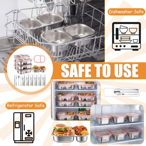 36 Pcs Stainless Steel Snack Containers Set with Fork, Knife, Spoon & Chopsticks – 6 Pack 27 oz Leakproof Bento Snack Boxes, 2-compartment Food Storage Container for Snacks, Fruits, Meal Prep & Travel - style: 2-compartments