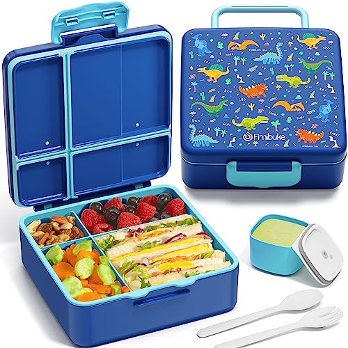 Fimibuke Bento Lunch Box for Kids, Toddler Bento Box with 4 Compartments | Leak Proof BPA Free Dishwasher Safe Lunch Container with Utensils, Ideal Portion Sizes for Ages 3-12 Girls Boys for School - color: A11. Blue Dinosaur