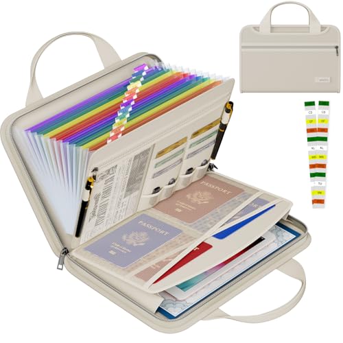 Tamfile Fireproof Accordion File Organizer, Expanding File Folder, Beige | 13 Pocket Colorful, Handle, Zipper & Labels, Multi-Pockets Paper Organizer, for Letter A4 Files, Home, Office, School - color: Beige, style: Colour Pocket