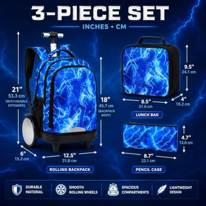 3Pcs Large Rolling Backpack for Boys, 20 Inch Detachable Wheeled Bookbag with Lunch Box, Durable Lightning Soccer Roller Backpack for Elementary Middle School (Blue) - color: Large Wheels Soccer Blue