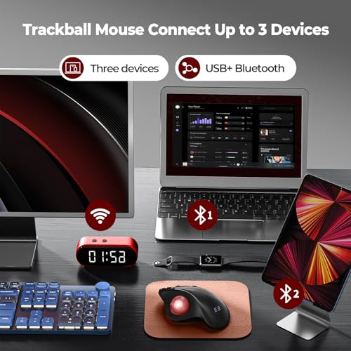 seenda Wireless Trackball Mouse, Ergonomic Bluetooth Rollerball Mouse Rechargeable, 3 Device Connection Optical Mice Adjustable DPI Thumb Control Mice Compatible for PC/Laptop/Windows/Mac - Black&Red - color: Black with Red ball