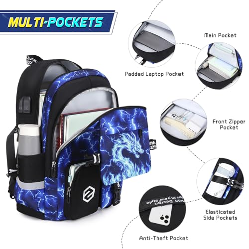 Scothen Boys Backpack, Cool Luminous School Backpacks for Boys with Lunch Bag Pencil Case, Kids Backpack Kindergarten Elementary Middle School Book Bags for Teen Boy Children with USB Charging Port - color: Blue Dragon