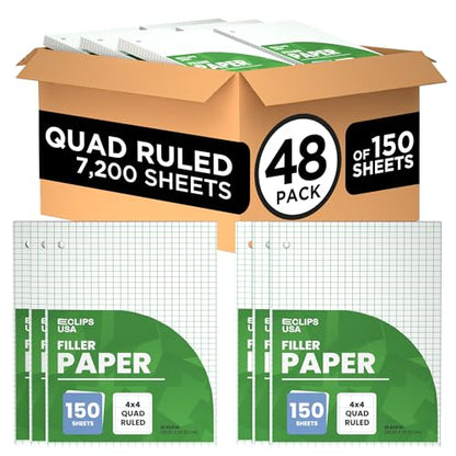 Graph Paper Loose Leaf Paper Quad Ruled Notebook Paper Quad Ruled 4” x 4” Square Lined Writing Filler Paper 10.5” x 8” 7200 Sheets 150 Sheets Per Pack 60 gsm (48 Pack) - size: 48 Pack