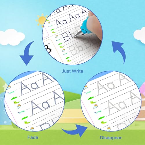 WANFRES Magic grooved Writing Practice Books Great for Beginners, 5 Books, 2 pens, 2 Pencil Grips, 20 Refills. grooved Handwriting Practice for Kids 3-10, Reusable grooved Handwriting workbooks. - color: 5 books with pen