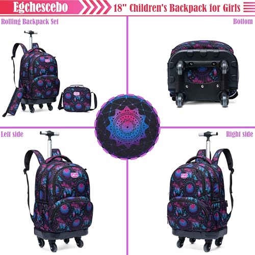 Kids Rolling Backpack for Girls Geometric Suitcases Trolley Roller Luggage Backpacks with 360° Rotating Wheels 15" Laptop Lunch Box Pencil Case for Elementary 18" Travel School Bag Purple - color: Blue-jihe-1220