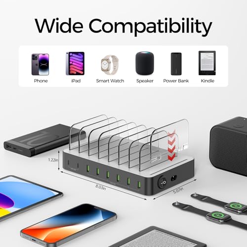 Unitek 8 Port USB Charger Dock - 2 PD 20W USB-C + 6 USB-A Ports Fast Charging Station for iPhone, iPad, Samsung Devices - Black Multi Tablet Holder & Organizer
