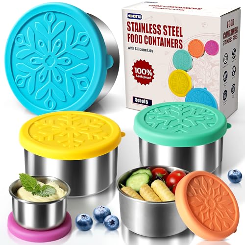 18/8 Stainless Steel Food Snack Storage Containers(5 Pack: 2/4/8/14/24oz) | Stackable, Leakproof Lunch Box with Silicone Lid, for Kids and Toddler Home School Use - color: 5 Pack(Blue, Yellow, Green, Orange, Purple)