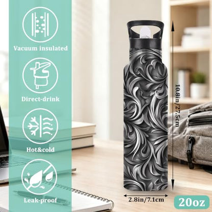 Black Vines Insulated Water Bottle with Straw 20 oz,Silver Foil Stainless Steel Leak Resistant Double Wall Water Bottles with Handle for Gym Sports Travel Outdoor - color: Black Vines,Silver Foil