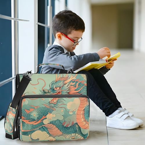 Vintage Dragons Zipper Binder with Shoulder Strap & Handle for Easy Carry, 1.5 Inch 3-Ring Binder for School, Expansion Panel and Expanding File