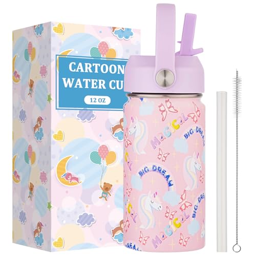 Kids Water Bottle with Straw Lid-12 oz Insulated Stainless Steel Thermal Cup, Leakproof Wide Mouth Sports Bottle Keeps Cold 12H & Hot 6H for Gym Office Outdoor - color: Unicorn