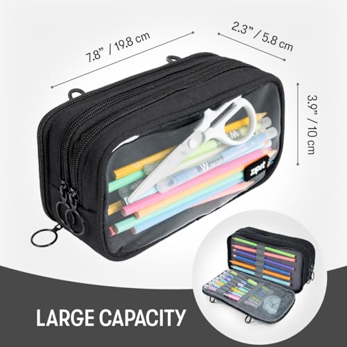 ZIPIT Half & Half Pencil Case, 3 Compartment Zipper Pouch for School, Stationery Bag for Teen Girls Boys and Adults, Black - color: Black