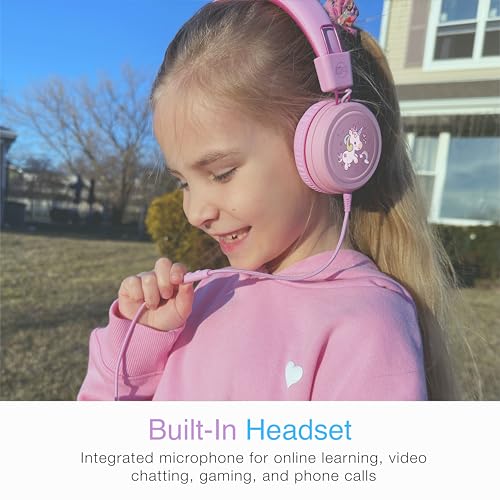 MEE audio KidJamz KJ55 Wired Children’s Headphones with 3.5mm Plug, Colorful Graphics, Volume Limiter & Microphone, Adjustable On-Ear Kids Headset for Online Learning/School/Travel/Tablet (Pink) - color: Pink, style: Standard