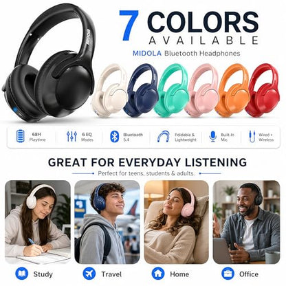 MIDOLA Bluetooth Headphones Over Ear, 68H Playtime Wireless Headphones with Microphone, 6 EQ Modes, HiFi Stereo Deep Bass, Foldable Lightweight Headset for Home Office, Cellphone, PC, Black - color: Black