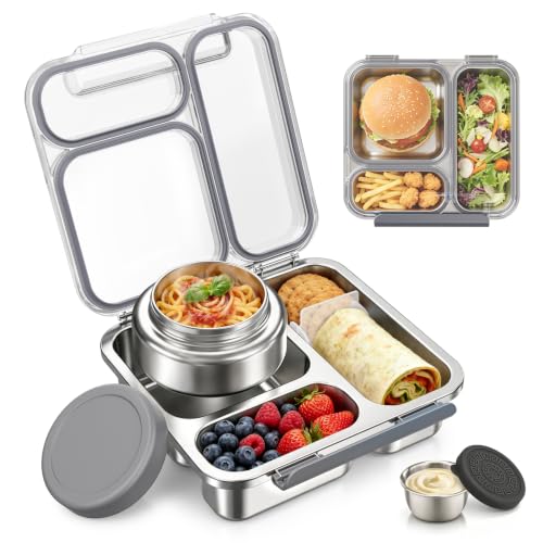 Pawtong Stainless Steel Bento Box Kids Adult with 7oz Insulated Food Jar, Transparent Lid Metal Lunch Box With Soup Thermal Jar, Lunch Box Container with Removable Divider & Sauce Cup School (Grey) - color: Gray