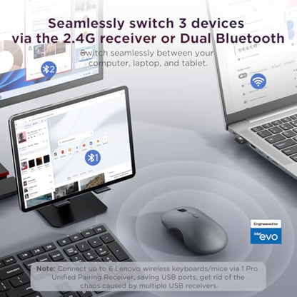 Lenovo 700 Multi-Device Wireless Mouse, Bluetooth or 2.4 GHz USB-A Connection, Connect up to 3 Devices, 36 Month Battery Life, Luna Grey - color: Luna Grey