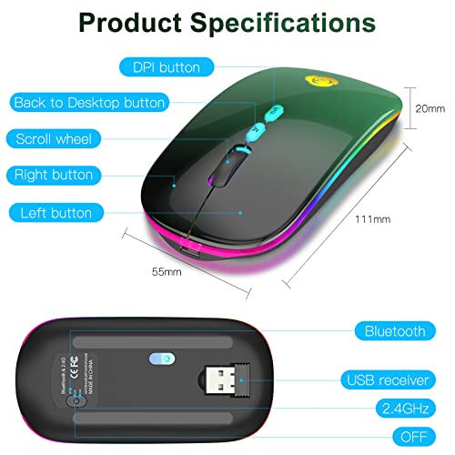 LED Wireless Mouse, Bluetooth Mouse &2.4GHz Instant Connection,Rechargeable Ultra Silent Slim,3 DPI 2 Connection Modes with USB-C to USB Adapter for Laptop/MacBook/PC/Tablet/iPad (Black-green) | Bluetooth mouse with 2.4GHz USB receiver, silent slim design