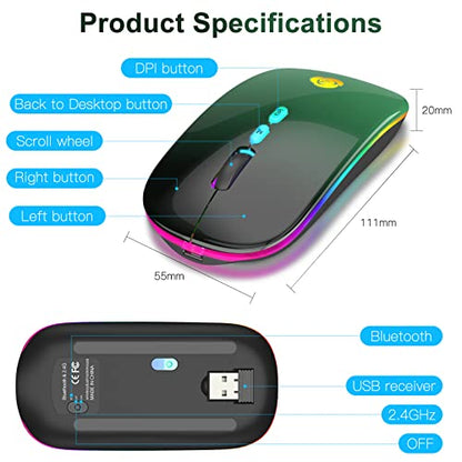 LED Wireless Mouse, Bluetooth Mouse &2.4GHz Instant Connection,Rechargeable Ultra Silent Slim,3 DPI 2 Connection Modes with USB-C to USB Adapter for Laptop/MacBook/PC/Tablet/iPad (Black-green) | Bluetooth mouse with 2.4GHz USB receiver, silent slim design