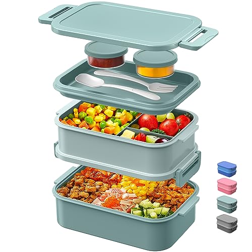 DaCool Lunch Box Adults Bento Box 74 OZ All-in-One Stackable Lunch Box Containers for Adult Large Bento Box with Fork Spoon Sauce Boxes, Leakproof Lunchbox for Work School Dining Out, Morandi-Green - color: 1-Morandi-Green