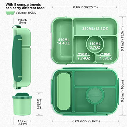 Amathley Bento Box Adult Lunch Box Kids,Lunch Containers for Adults/Kids/Toddler,5 Compartments Bento Lunch Box with Sauce Vontainers,Microwave & Dishwasher & Freezer Safe,BPA-Free (Green) - color: Green