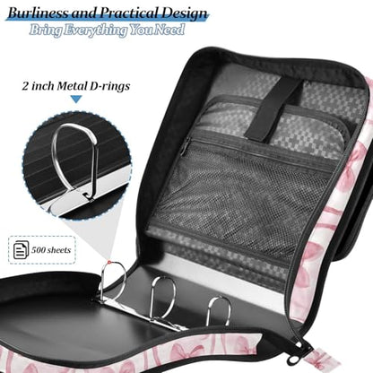 Watercolor Pink Bow Pattern Zipper Binder 3 Ring with Handle and Shoulder Strap, 500 Sheet Binder Organizer Capacity & Multi-Pockets for School Office - color: Aa02
