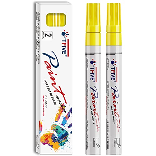 TFIVE Yellow Permanent Markers Paint Pens, 2 Pack Oil Based Paint Markers | Waterproof, Quick Dry, Never Fade, Medium Tip Marker Pens for Rock Painting, Wood, Metal, Plastic, Canvas, Glass, Rubber - color: Yellow