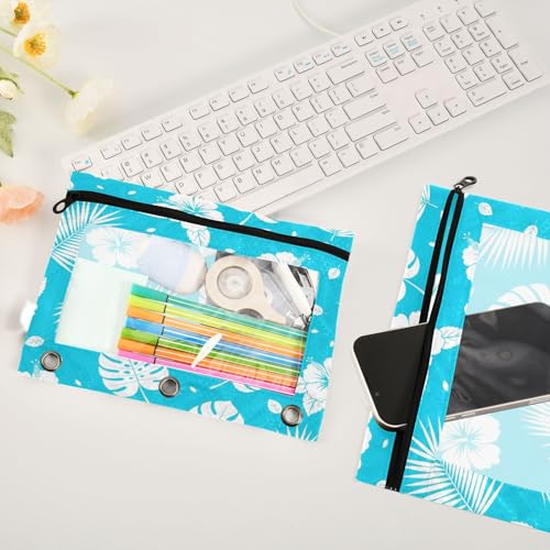 Blueangle Tropical Leaf Pencil Pouch for 3 Ring Binder, 2 Pack Clear Window Zipper Pencil Bags for Office