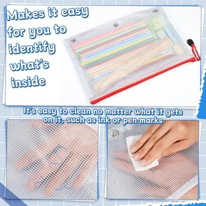 24 Pcs 7x10 Inch Pencil Pouch for 3 Ring Binder, Mesh Zipper Binder Pouches, Waterproof Clear Pencil Bags Bulk, Multi-Color Back to School Cash Envelopes(White) - color: White