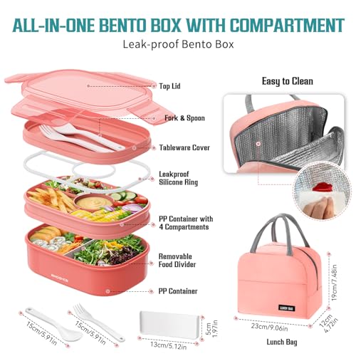 RIKDOKEN Bento Lunch Box, Stackable 2 Layers Containers with Compartments, Portable 64OZ Large Capacity Leakproof Bento Box with Spoon & Fork & Lunch Bag, Microwave Safe Lunch Box for Kids and Adults - color: Pink