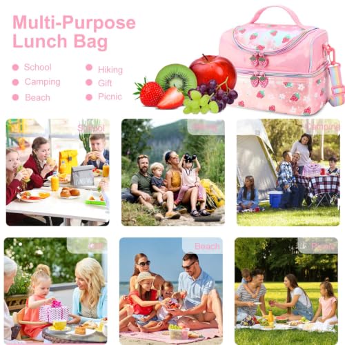 RHCPFOVR Kids Lunch Bag - Double Decker Cooler Insulated Lunch Box for Girls,Washable Lunch Bag and Reusable Toddler Lunchbox for School and Daycare - color: Strawberry